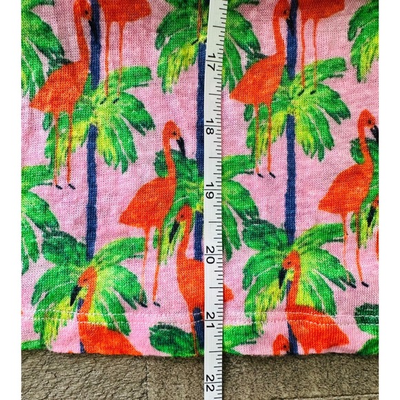 BOUFFANTS + BROKEN HEARTS Womens L Pink Flamingo & Palm Tree Linen Boxy Crop Tee - Picture 10 of 10